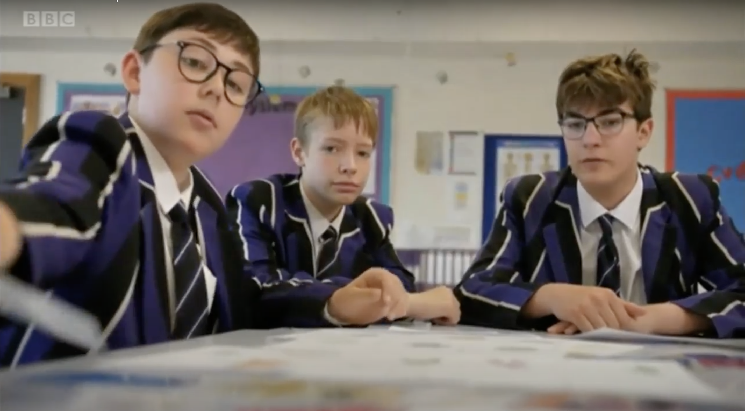 Image: Alistair Outram, Filip Pekala and Tom Sumpton, Year 9 students from Kimbolton School, Cambridgeshire sharing the news of their new game on BBC Look East